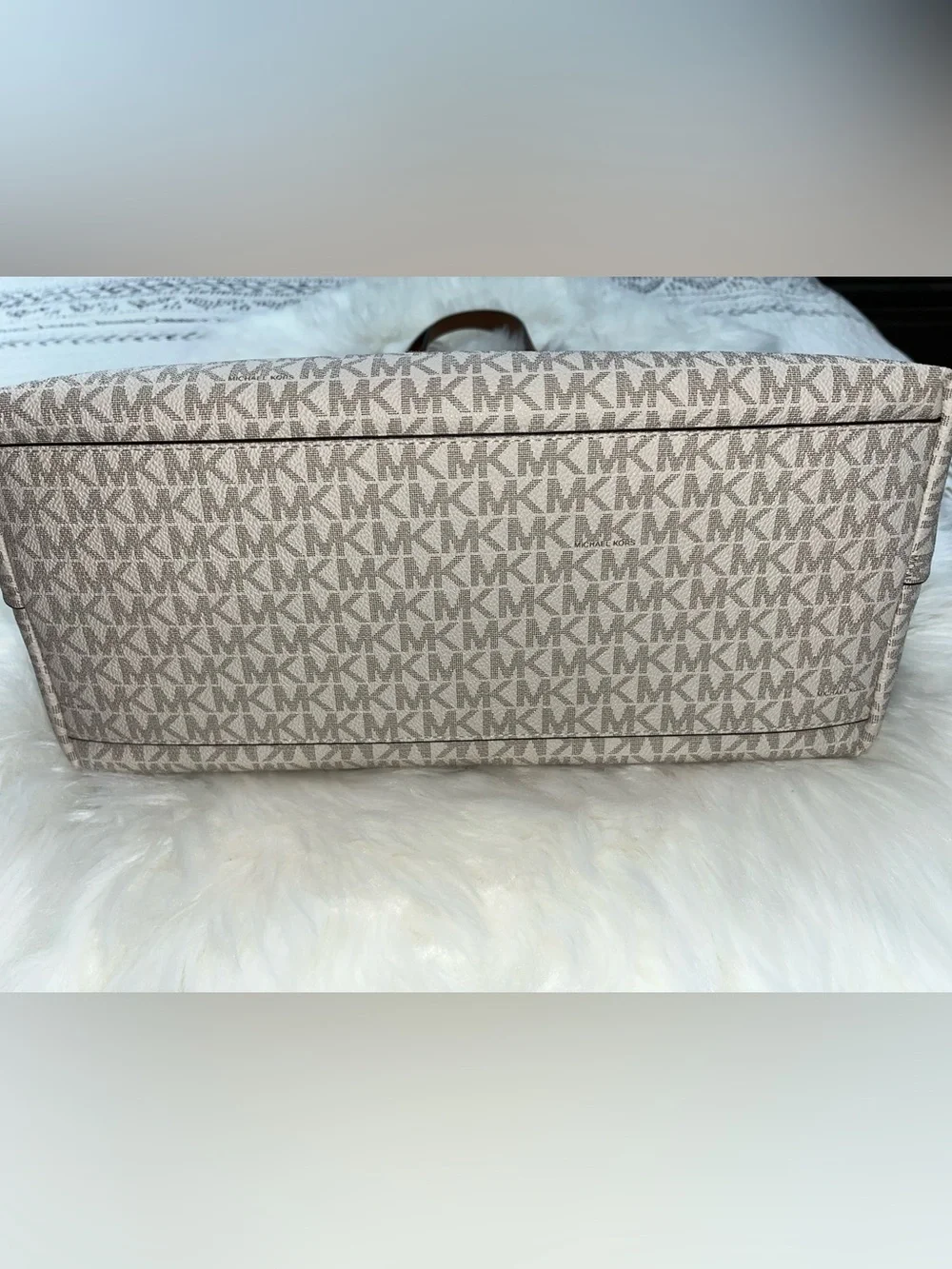Michael Kors Beige MK Monogram Tote with Brown Trim and Straps